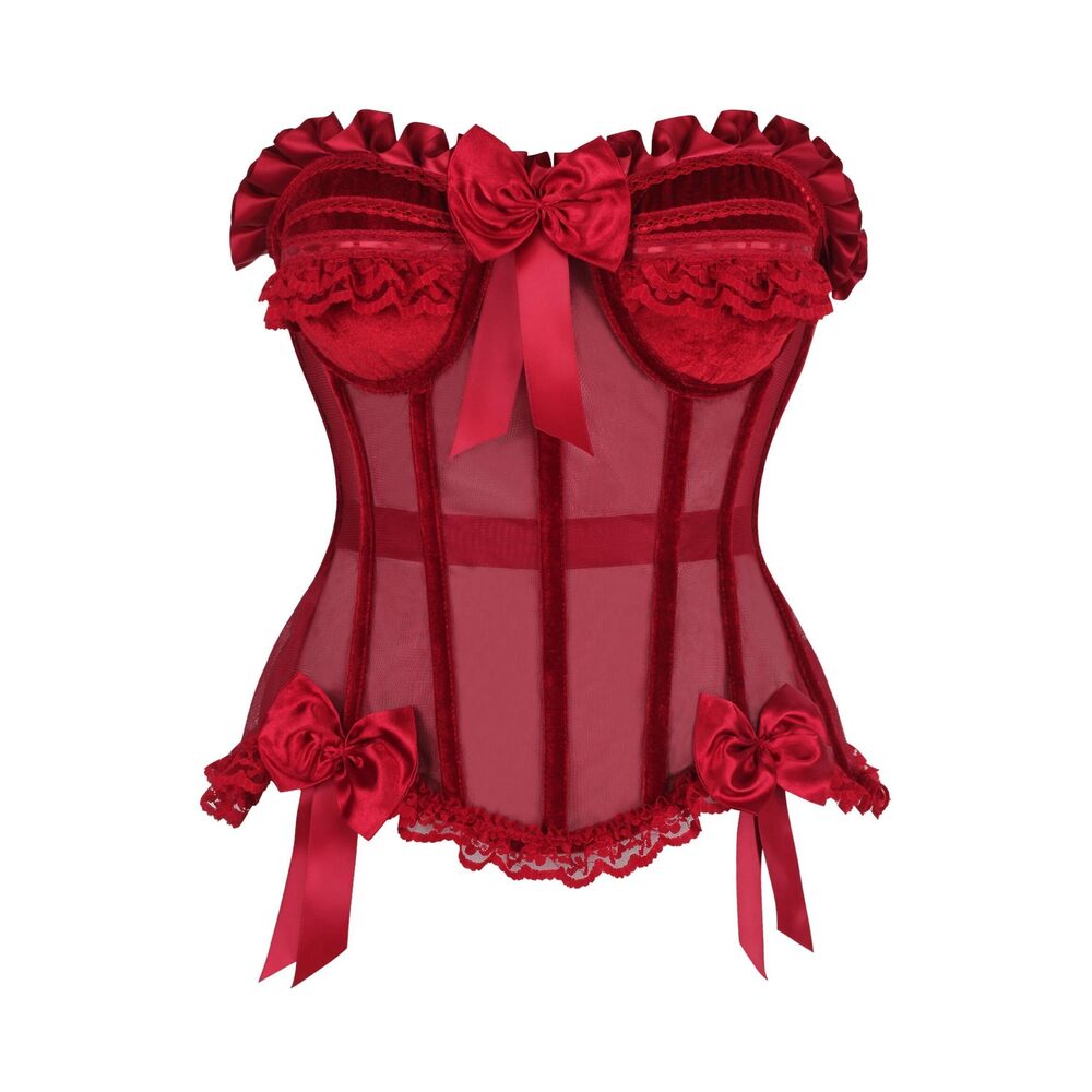 3769 Top Drawer Steel Boned Dark Red Mesh & Velvet Underwire Bustier Corset